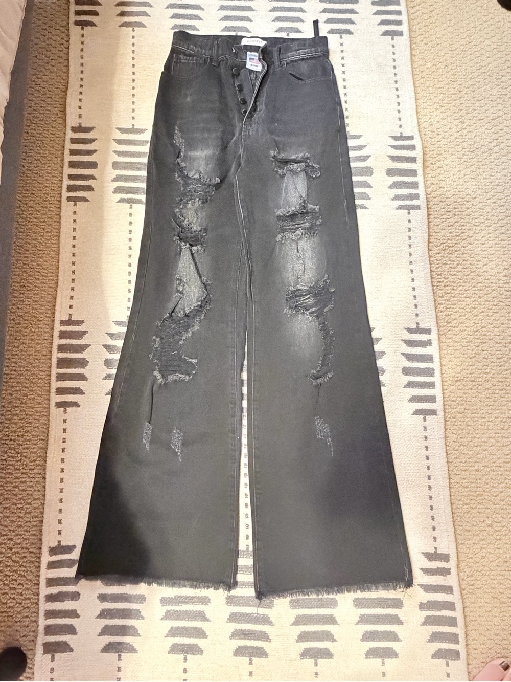 Vibrant Black Distressed Wide-Leg Jeans